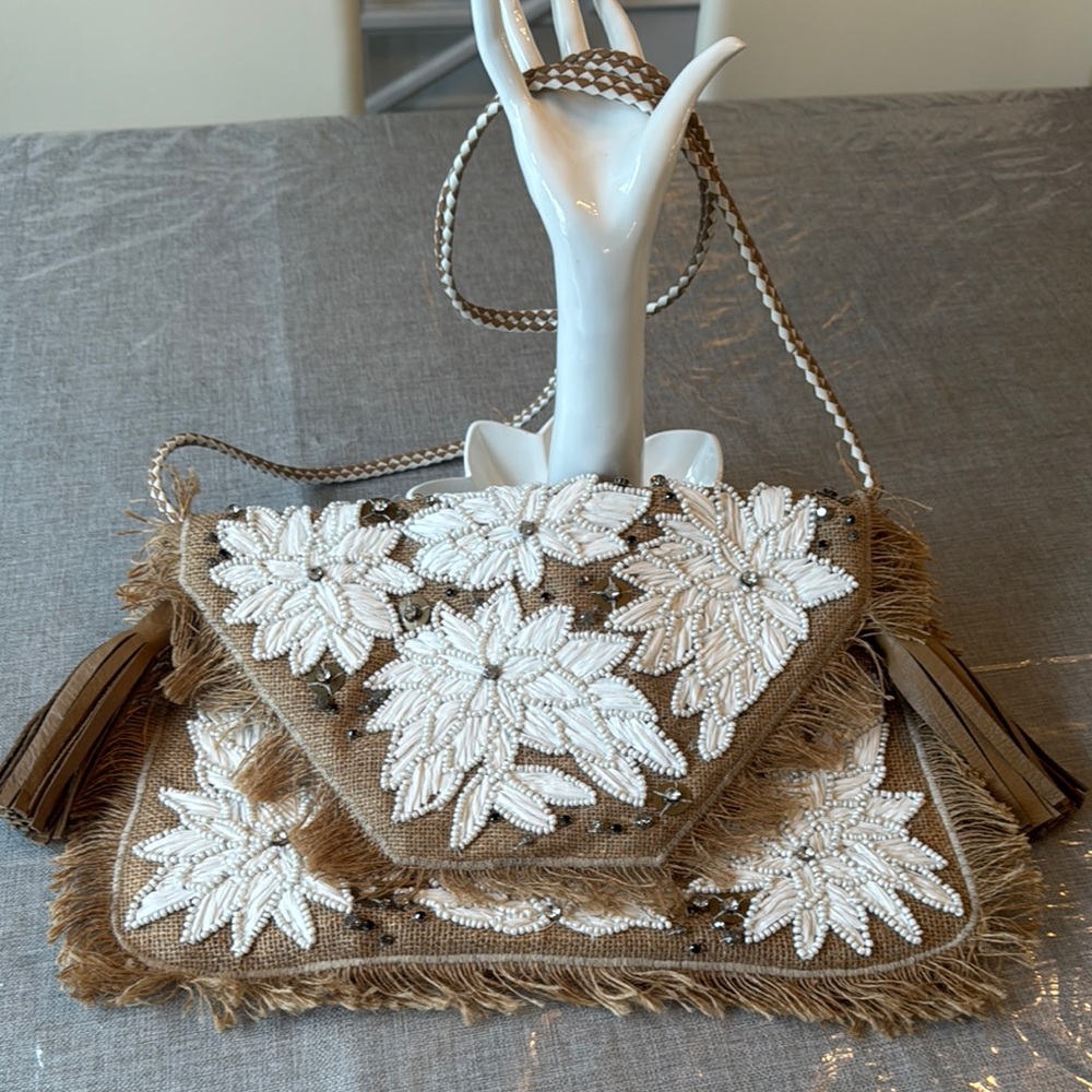 ibBan Anthropologie Burlap White Floral Beaded Rhinestones Crossbody/Clutch- NEW